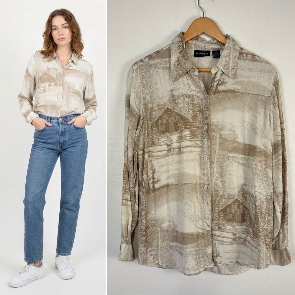 Vintage 90s Liz Claiborne LizSport Cabin Nature Scene Scenic Print Blouse Shirt